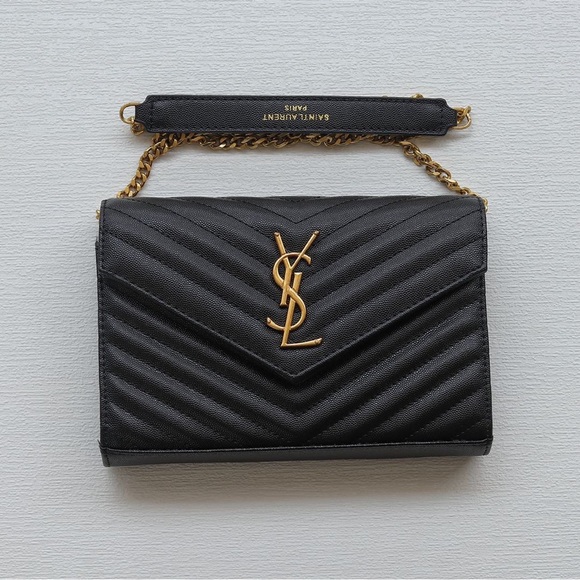 Yves Saint Laurent Black Chevron Crossbody with Gold Accents